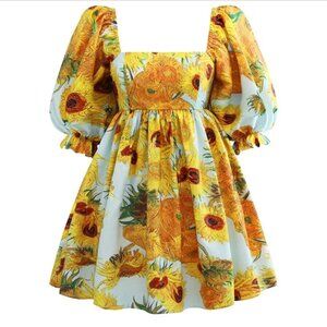 Van Gogh Sunflowers Puff-sleeve babydoll mini dress